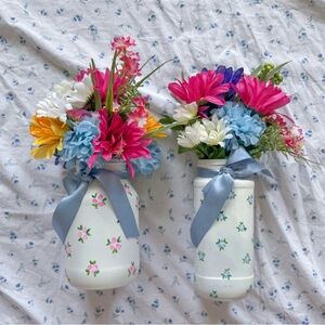(2) Floral Painted Vases with Colorful Faux Flowers